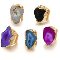 Irregular Geode Stone Agate Slices Wide Open Ring for Women Boho Resizable Finger Jewelry 1