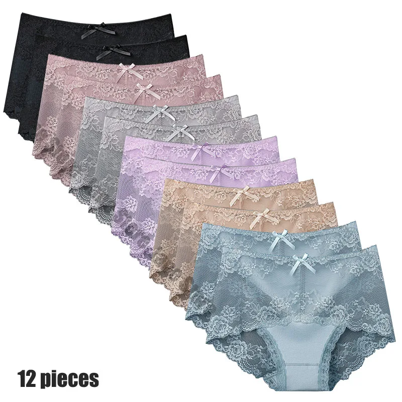 12 Pieces Women's Underwear Sexy Lace Panties Female Underpants Comfy Elegant Briefs Transparent Light Breathable Lingerie 1