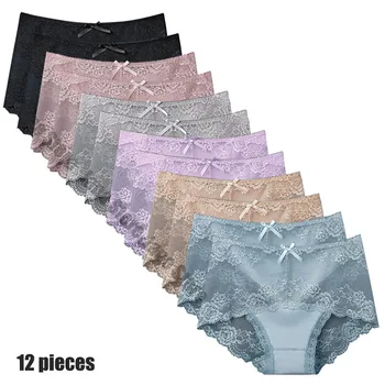 12 Pieces Women's Underwear Sexy Lace Panties Female Underpants Comfy Elegant Briefs Transparent Light Breathable Lingerie 1