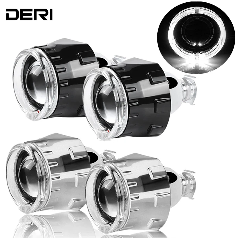 2.5 inch Bi-Xenon HID Projector Lens H4 H7 H11 Car Retrofit Styling Use H1  light Universal (Black Shroud with White Angel Eyes)