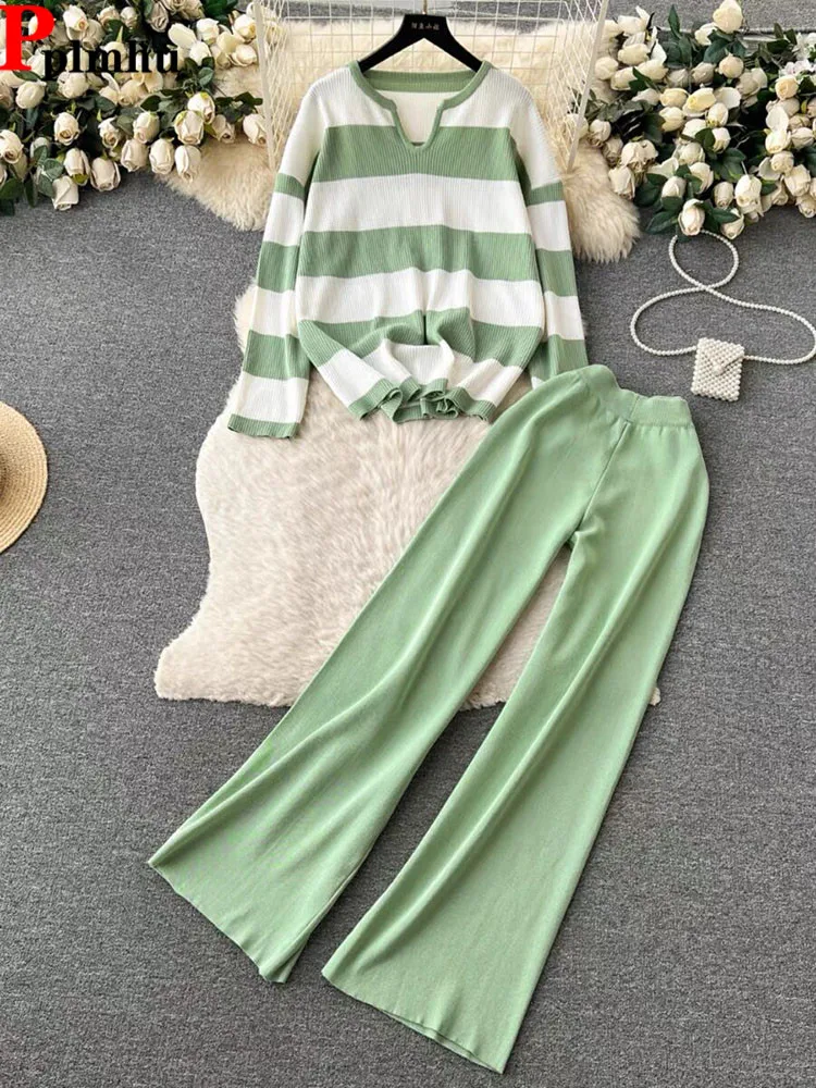 

Casaul Stripe Knitted Sweater 2 Pieces Sets Korean Women V-neck Pullover Tops Conjuntos High Waist Wide Leg Pants Tracksuit