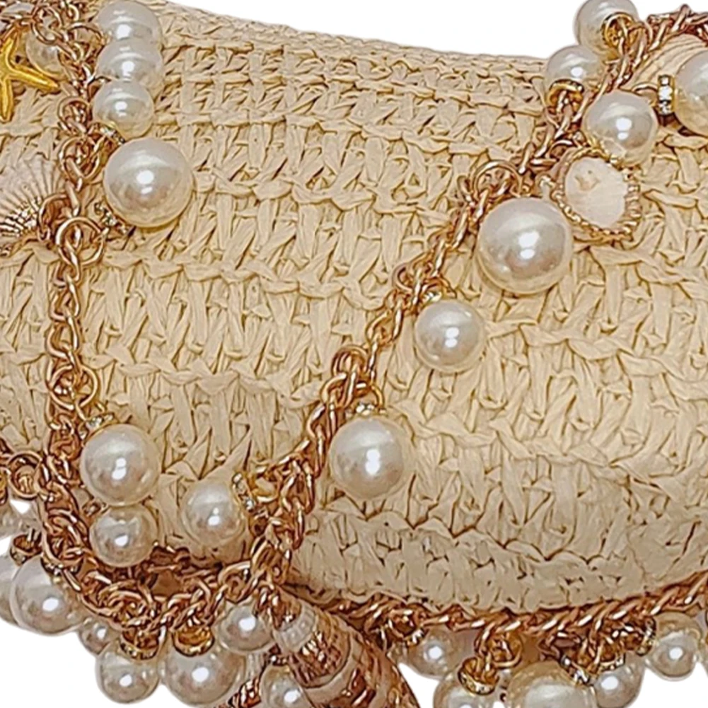 Women Elegant Straw Shoulder Bag Breathable Trendy Beaded Shoulder Bag Handwoven Shiny Pearl Clutch Bag Seaside Soft Clutch