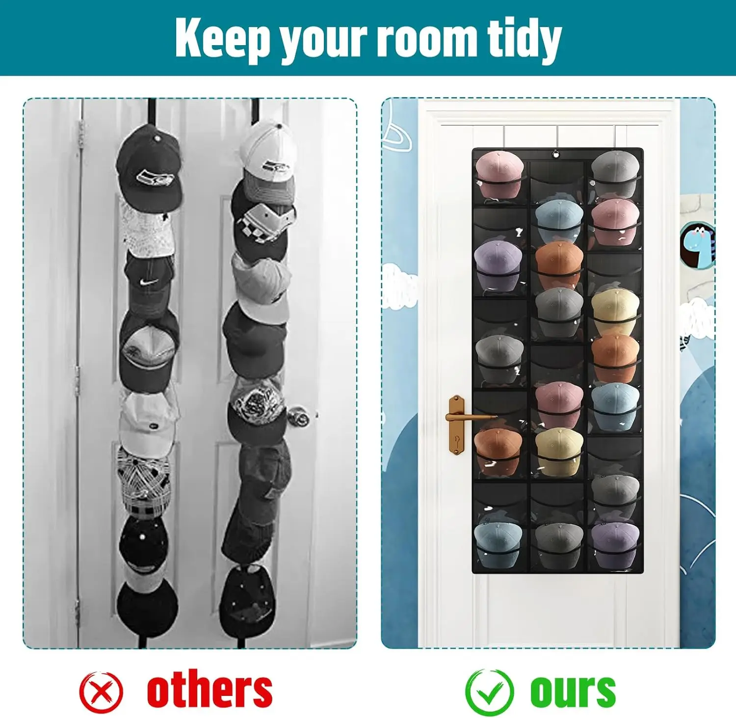 27 Pockets Hat Rack for Baseball Caps Over The Door Cap Organizer Hat Holder With Large Clear Pockets &3 Hooks Hat Storage 6