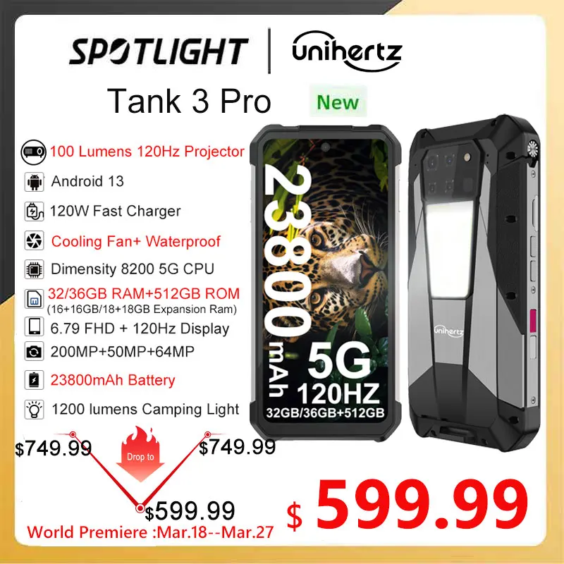Смартфон Unihertz Tank 3 Pro, 8849 дюйма, 100 лм, 512 ГБ, 23800 мАч