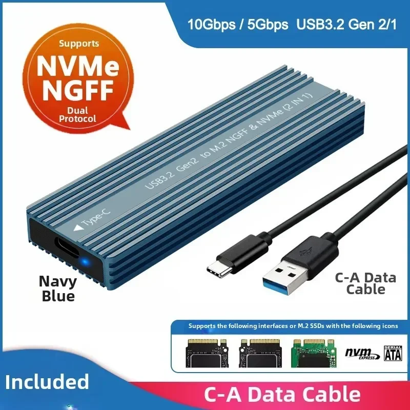 M.2 SSD 인클로저 케이스-USB 3.2 타입-C 5/10Gbps 고속 휴대용 알루미늄 합금 휴대용 하드 드라이브 케이스 열 방출 솔루션