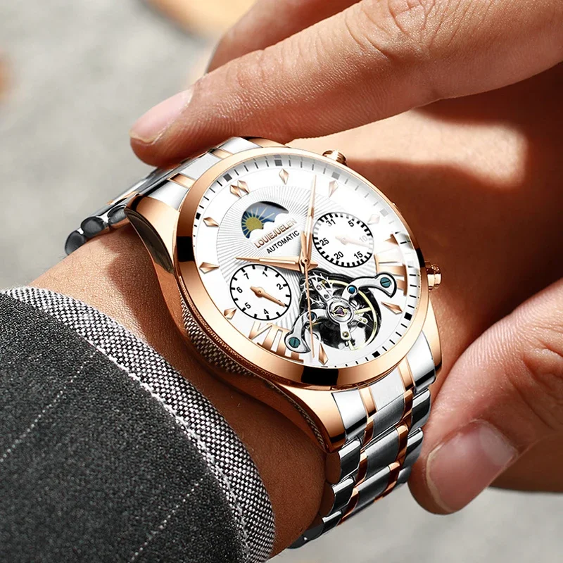 BELUSHI Men Automatic Watch Luxury Skeleton Tourbillon Clock Mens Stainless Steel Business Waterproof Mechanical Wristwatches