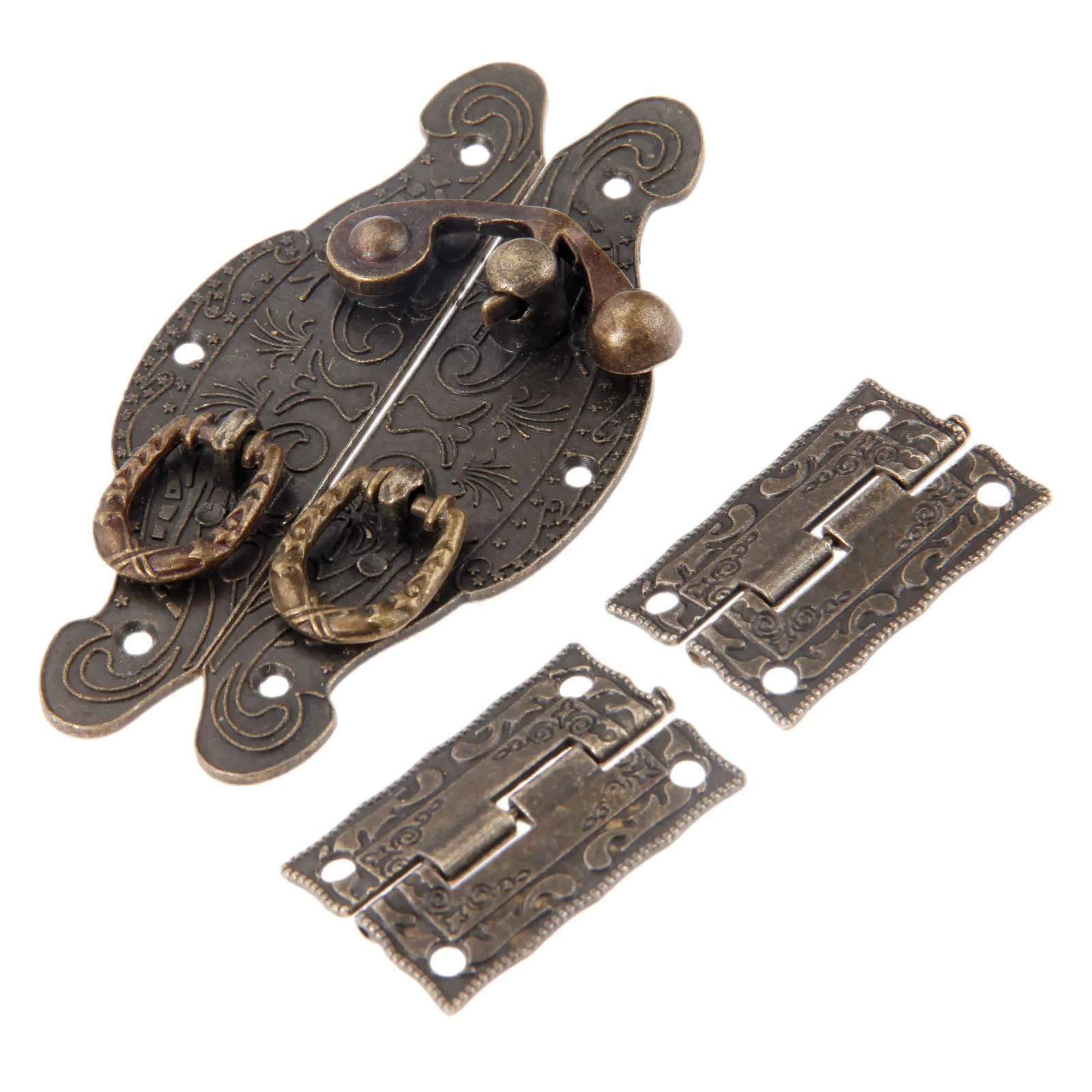 3Pcs/set Furniture Fittings Antique Bronze Cabinet Hinges w/Jewelry Wooden Box Case Toggle Hasp Latch Furniture Vintage Hardware