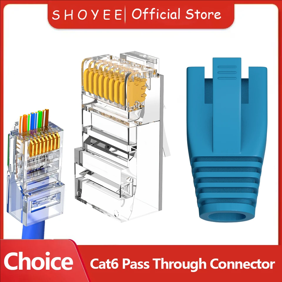 Conector RJ45 CAT6 de Pasante, Extremo de Cristal, Chapado en Oro, 8P8C UTP, Carcasa Protectora, Enchufe Modular de Red Ethernet