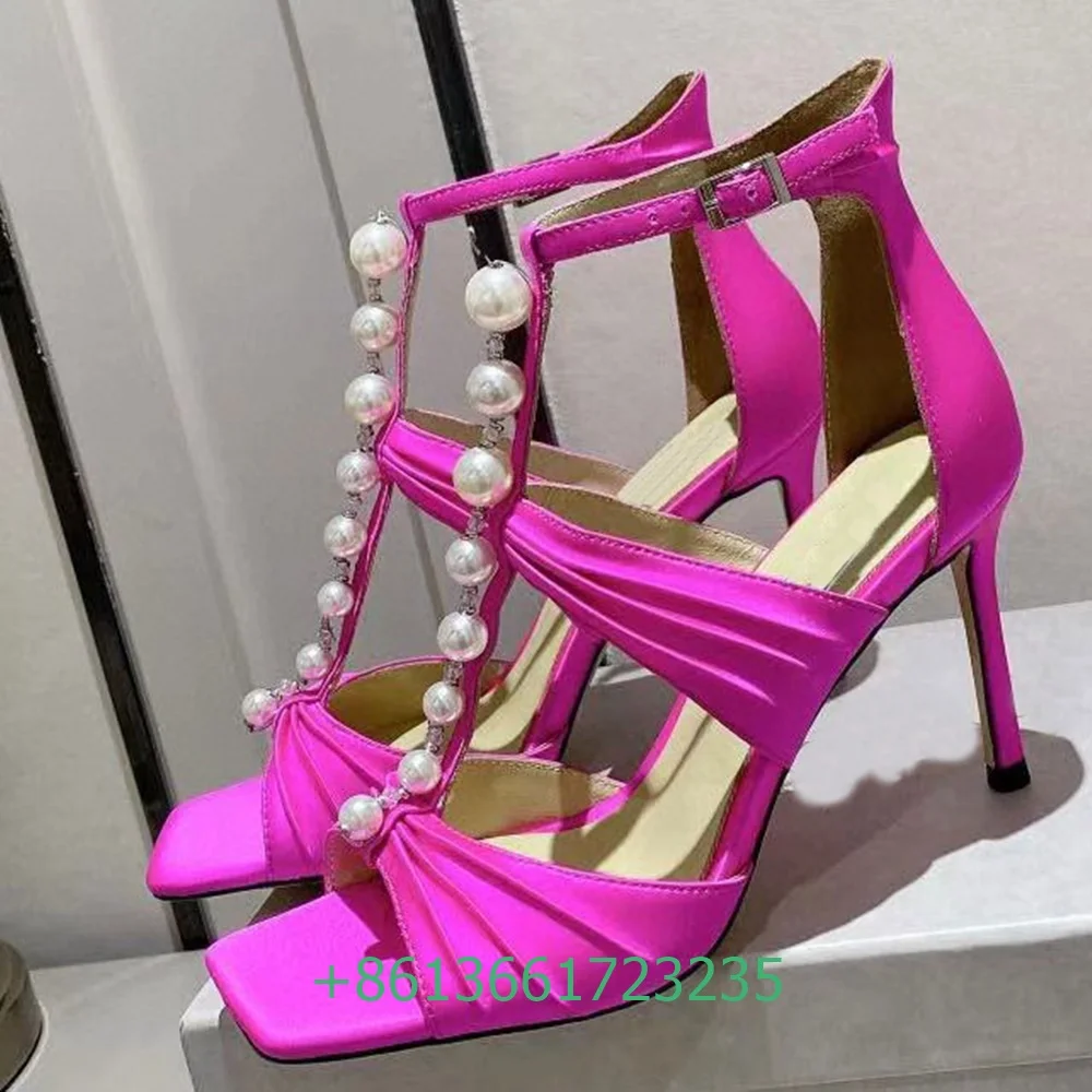 

Pearl Satin Square Toe Sandals Women Stiletto Heel Fashion High Heels Ankle Strap Hollow Shoes Black/white/pink 8.5 Cm Sandals