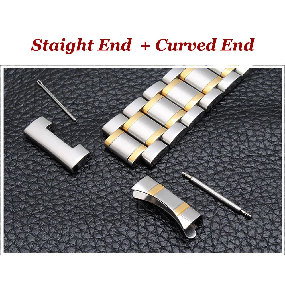 Curved End Universal Solid Stainless Steel Watch Band with Butterfly Clasp