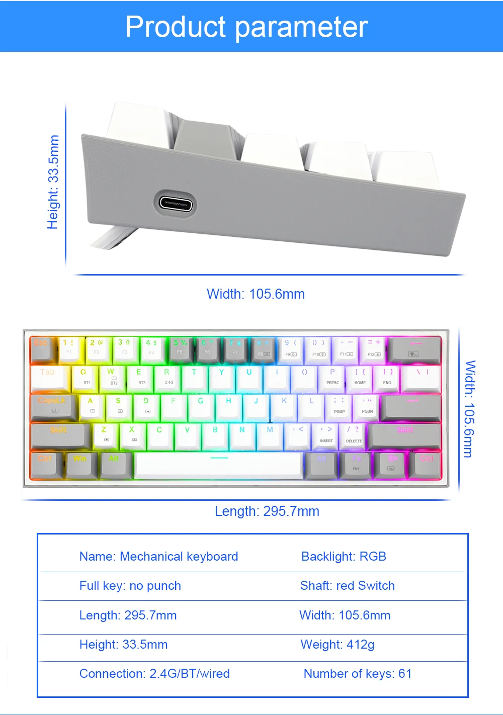 Fizz pro k616 61-key rgb mechanical gaming keyboard with bluetooth and usb connectivity, red switch, and 3 customizable modes