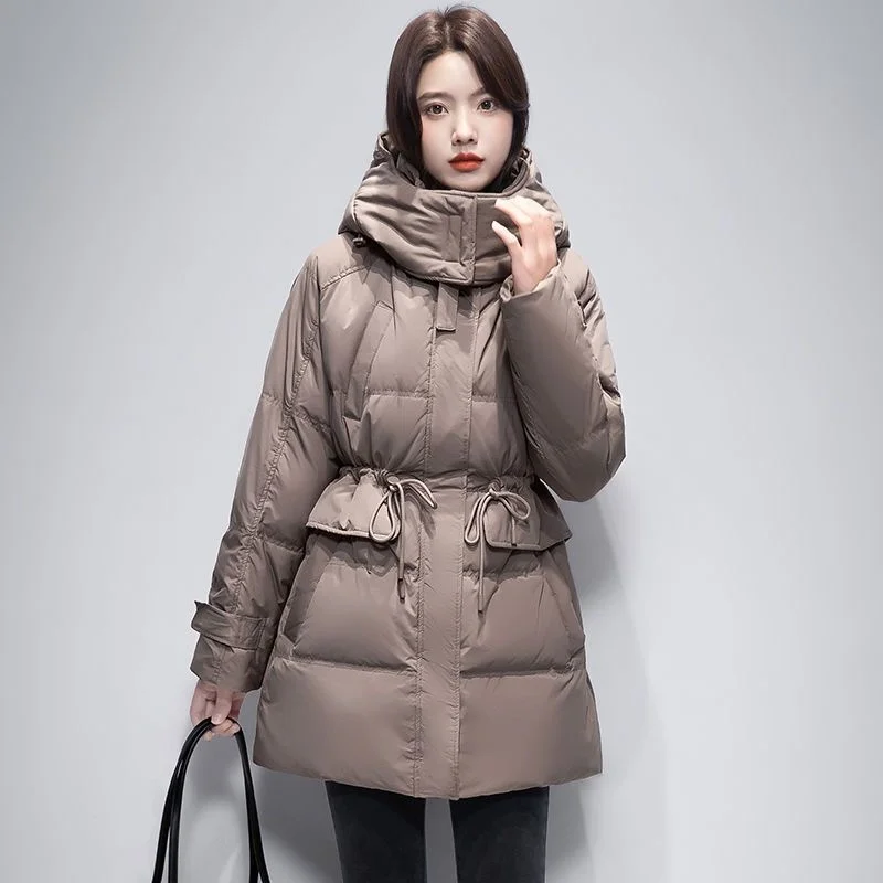 

2022 Winter Mid-length Women's Down Jacket Windproof Hooded Drawstring Waist Coat Elegant and Casual Loose Grey Down Coats New