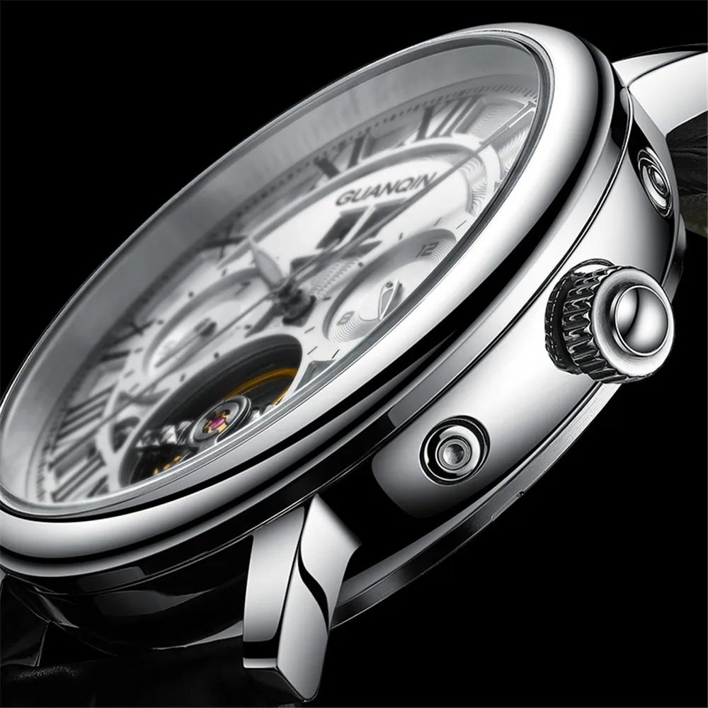 GUANQIN Reloj de pulsera mecánico de cuero luminoso para hombre, cristal de zafiro, resistente al agua, automático, reloj militar de tourbillon_voghion.com