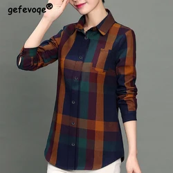 Office Lady Work Commute Top Lattice Print Blouses Casual Shirts Tops Women's New Spring Autumn Lapel Chic Cardigan Shirt Female