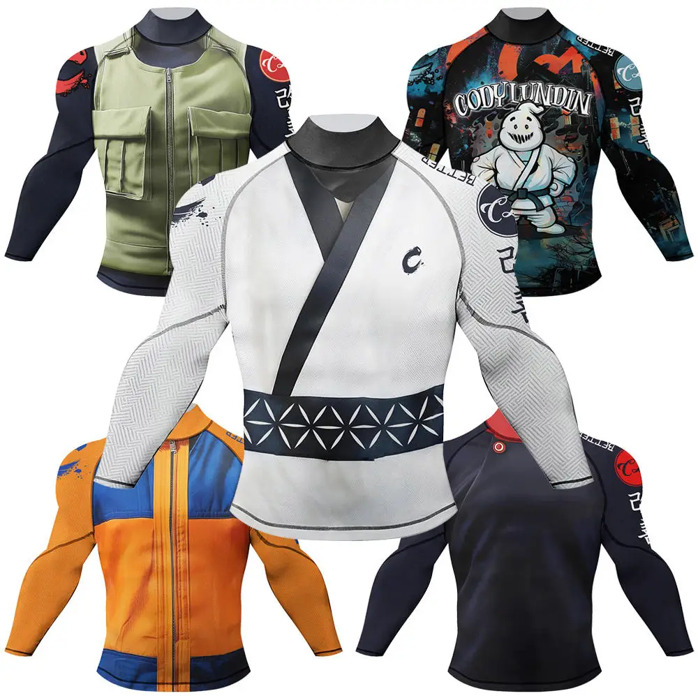 MMA Rash Guard T-shirt with Anti-Slip Rubber Bottom Durable Jiu Jitsu Men Kimono Shirts for Boxing Sport BJJ Rashguard Clothing
