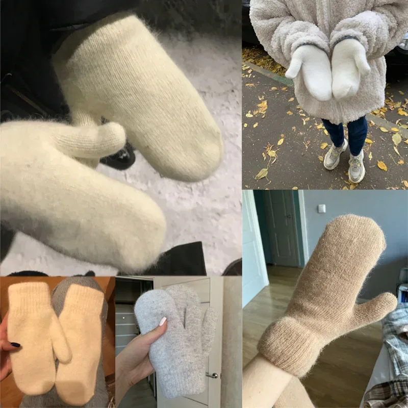 Double-layer Rabbit Hair Gloves Women Winter Korean Solid Color All Fingers Girls Mittens full finger gloves,warm gloves