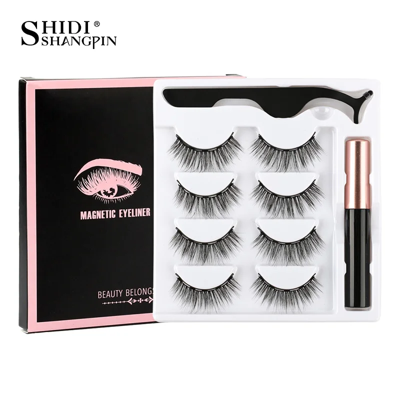SHIDISHANGPIN 3/4 Pairs Magnetic Eyelashes Eyeliner 5 Magnet Natural Long False Lashes Set Magnetic Eyeliner Tweezer Makeup