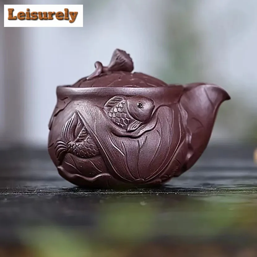250ml Ancient Yixing Purple Clay Teapots Handmade Lotus Leaf Goldfish Hand Grab Pot Raw Ore Purple Mud Kettle Zisha Tea Set Tea