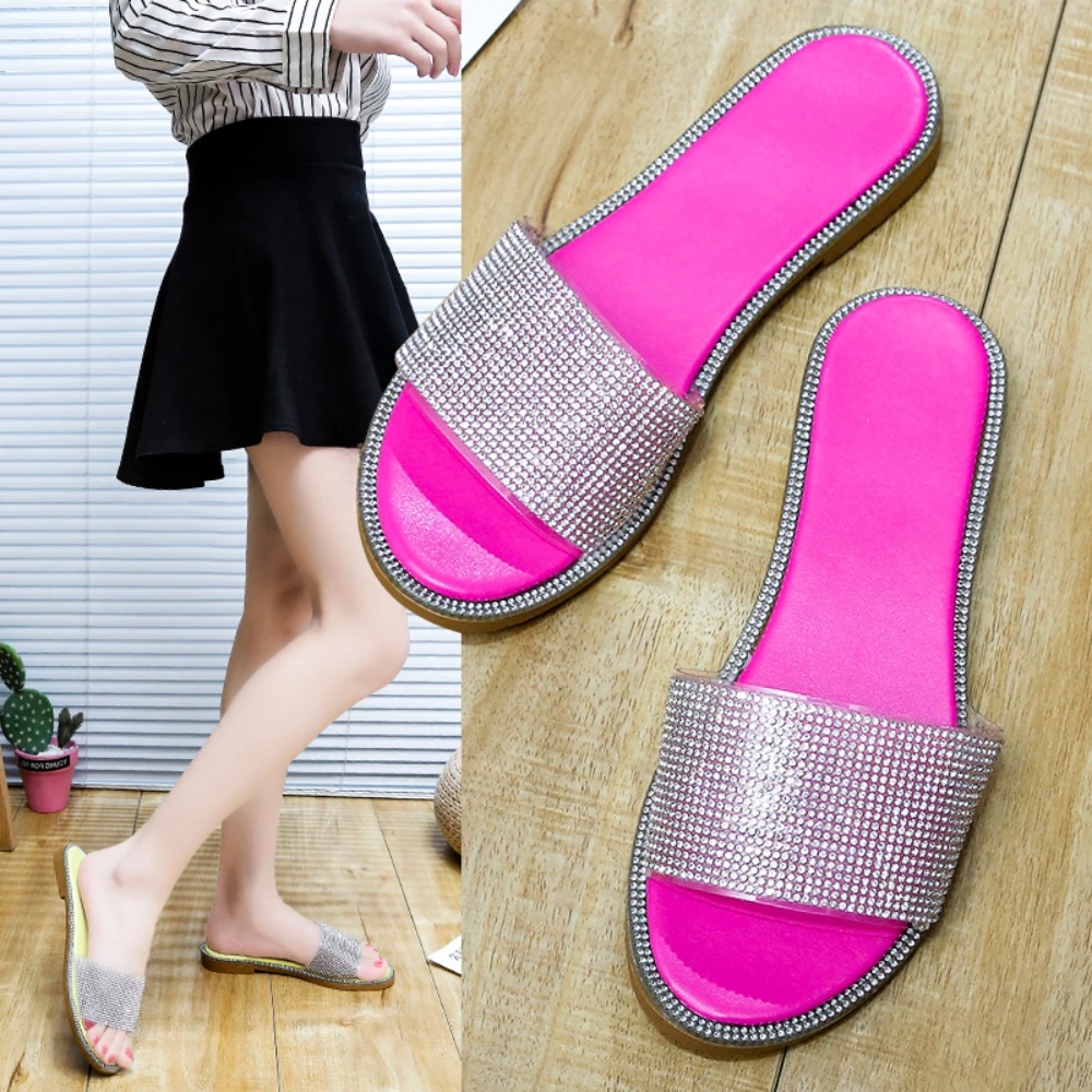 New Summer Women Crystal Slippers Glitter Flat Soft Bling Female Candy Color Flip Flops Indoor Casual Ladies Slides Beach Shoes