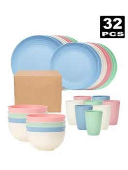 4/16/32pcs Plastic tableware set, reusable, dinner plate/dessert plate/cereal bowl/cup, suitable for outdoor camping parties 1