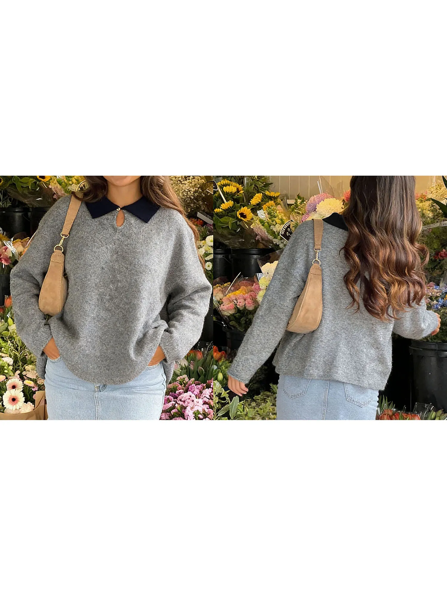 Ladies Stylish Two-Tone Sweaters with Collar Long Sleeves and Loose Fit - Trendy Knit Tops for Autumn Wardrobe Essentials