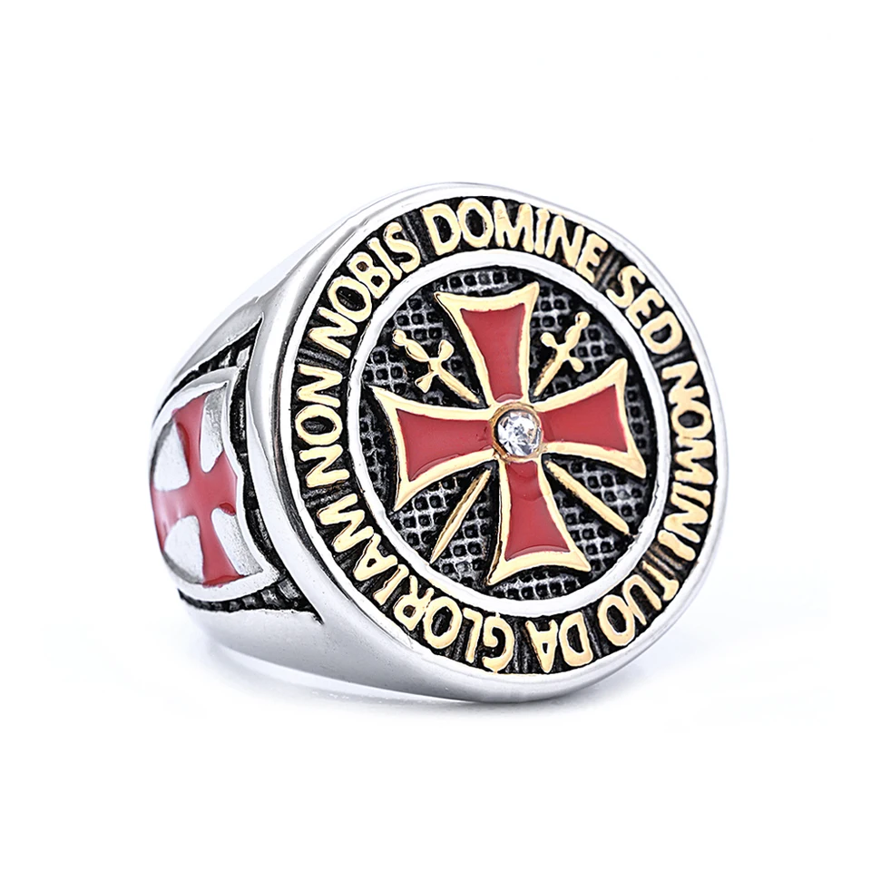 2 Pc Masonic Knights Templar Crusader Red Cross Stainless Steel Pendant & Ring Set For Men