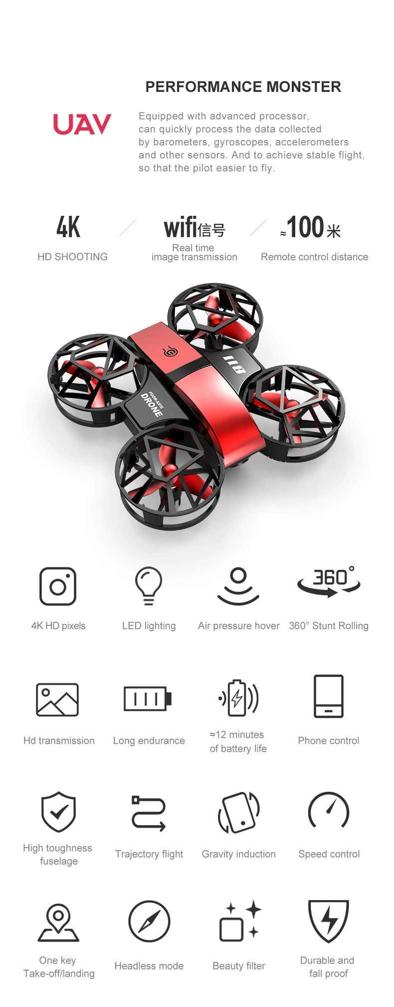 Description Picture 3 of itemProfessional Mini Drone 811 4K HD aerial camera WiFi FPV lights full enveloping shield quadcopter RC helicopter Children's toys