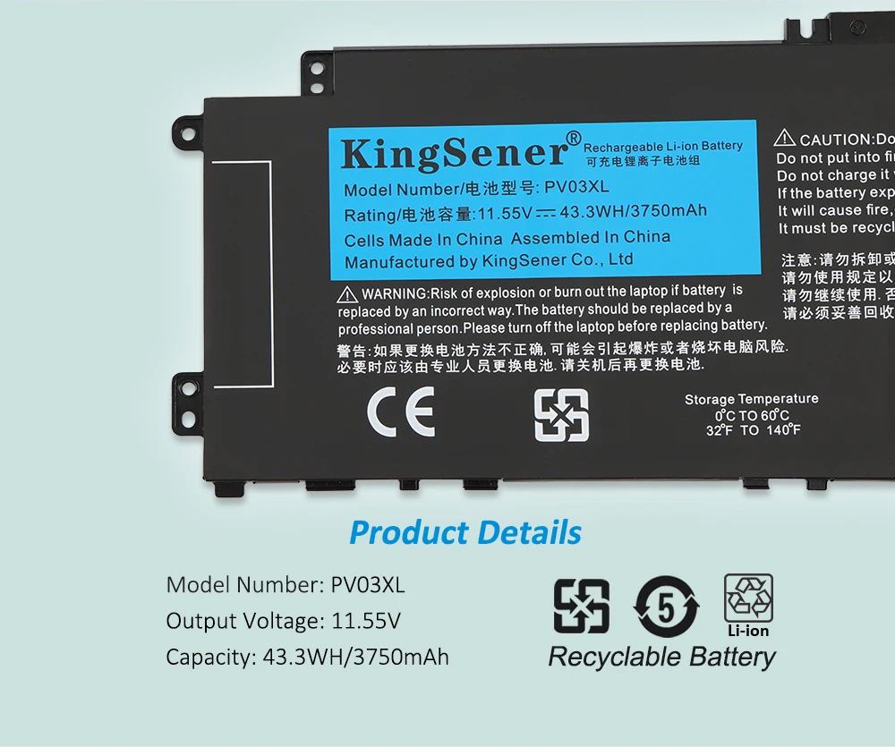 Bateria KingSener para Pavilhão HP, PV03XL, PP03XL,
