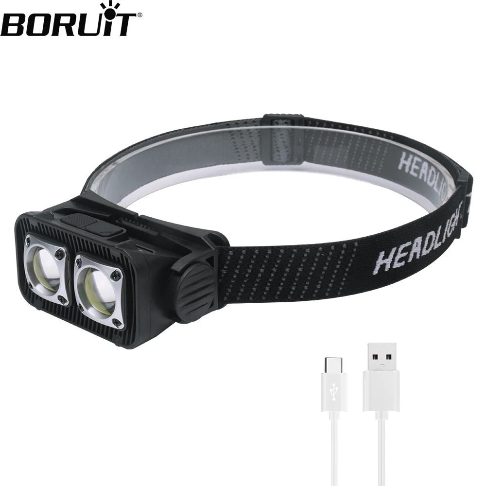  BORUiT Motion Sensor Dual COB LED Headlamp Type-C Rechargeable Headlight Waterproof Red Light Head Torch Fishing Lantern 
