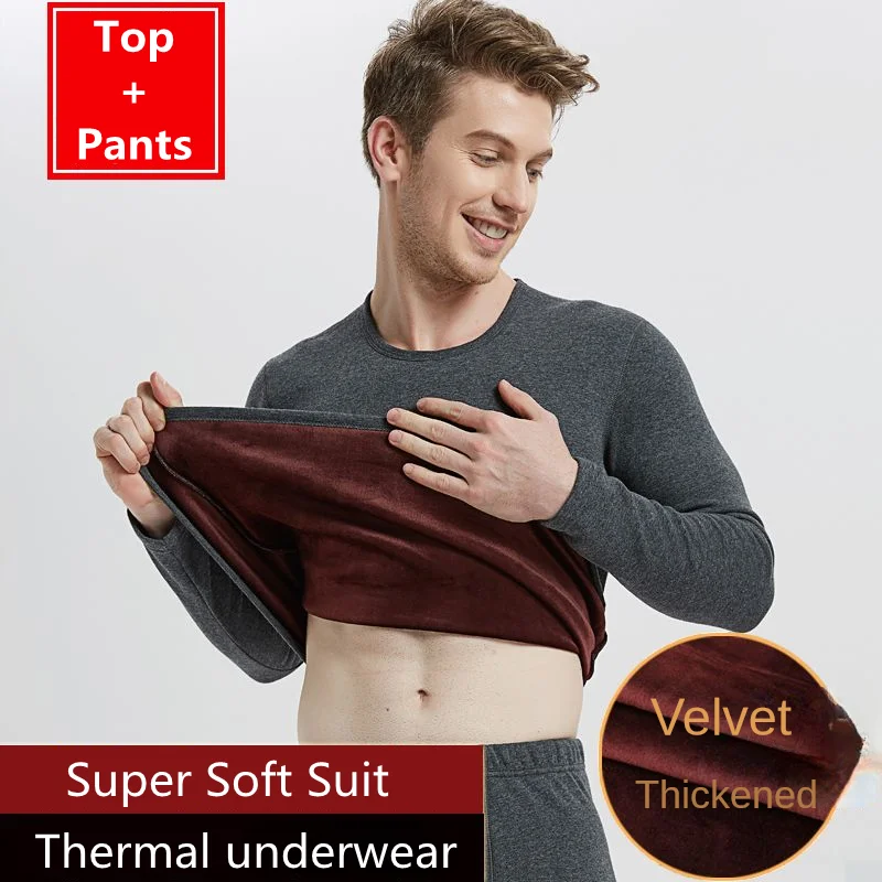 ThermalUnderwearSetsMenWinterWarmFleeceTopsWarmerLongPants