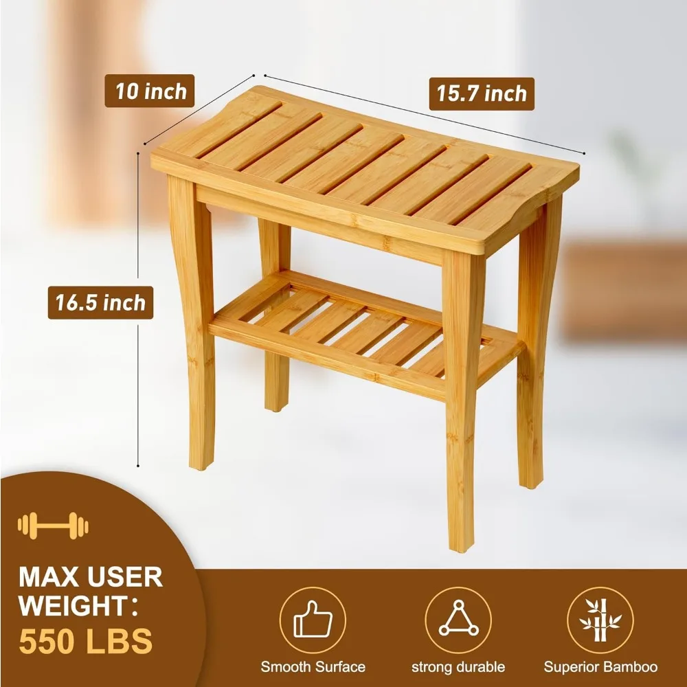 Bamboo Shower Bench 2-Tier Spa Stool for Inside Shower with Storage Shelf and Non-Slip Feet Chair Seat Organizer