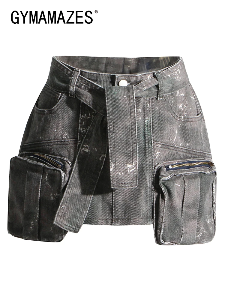 

GYMAMAZES Spliced Lace Up Skirts For Women High Waist Patchwork Pockets Camouflage Bodycon Mini Skirt Female Summer Vintage New