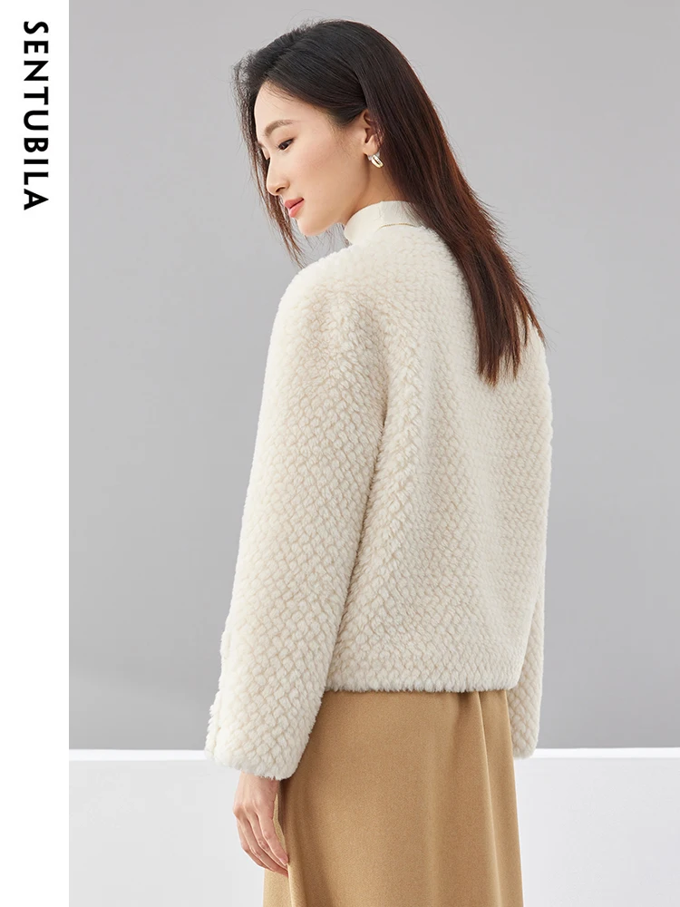 SENTUBILA Faux Fur Coat Women Luxury 2023 Autumn Winter Elegant O-Neck Short High Quality Warm Granular Velvet Jacket W34P50135