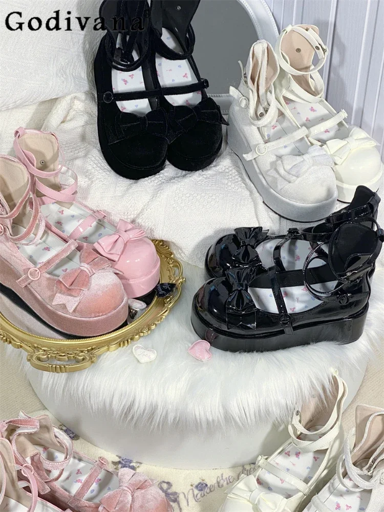 

Sweet Cute Lolita Women's Round Toe High Heels Autumn Winter Japanese Style Fashion All-Match Bow Cross Lace-up High Heels