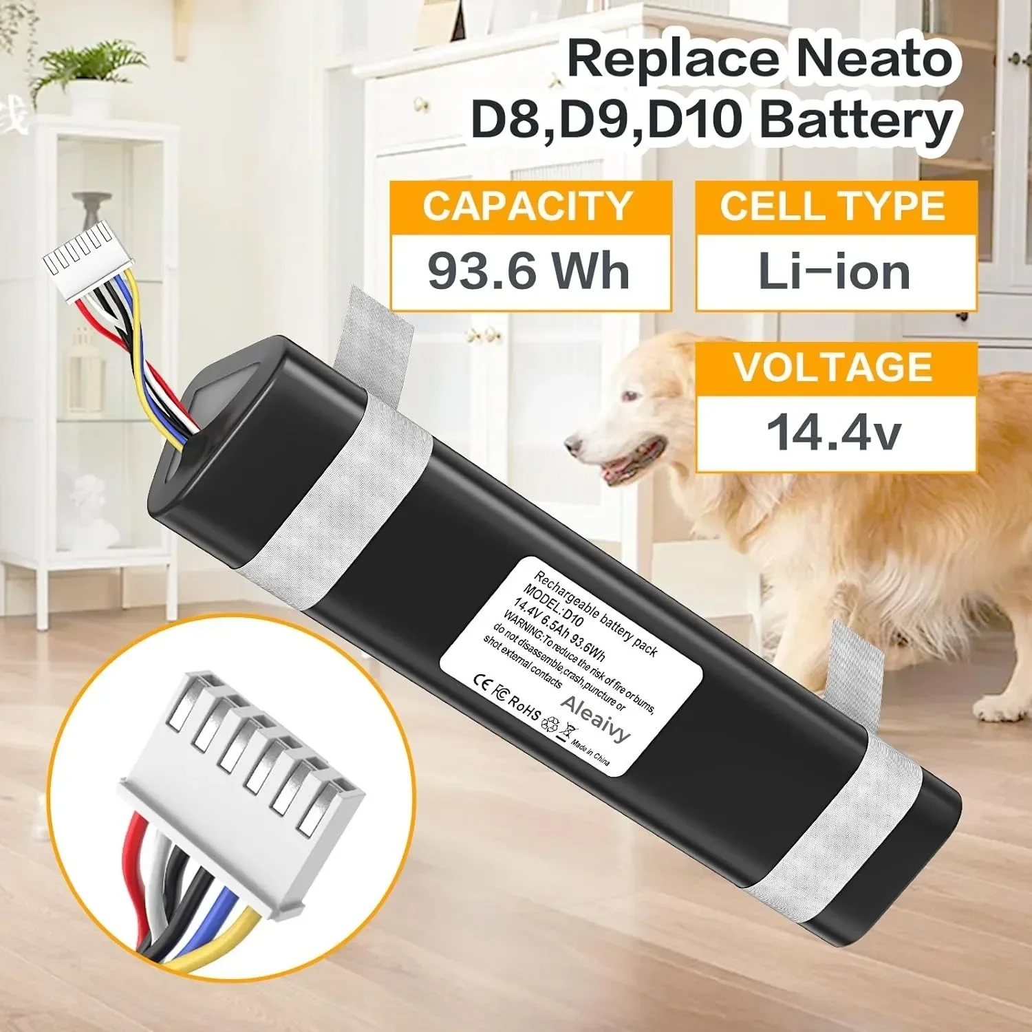 Replacement Battery For Neato D8, D9, D10 Robot Vacuum – 14.4V 6500mAh Li-ion, Fits Part #205-0021/22/23/26