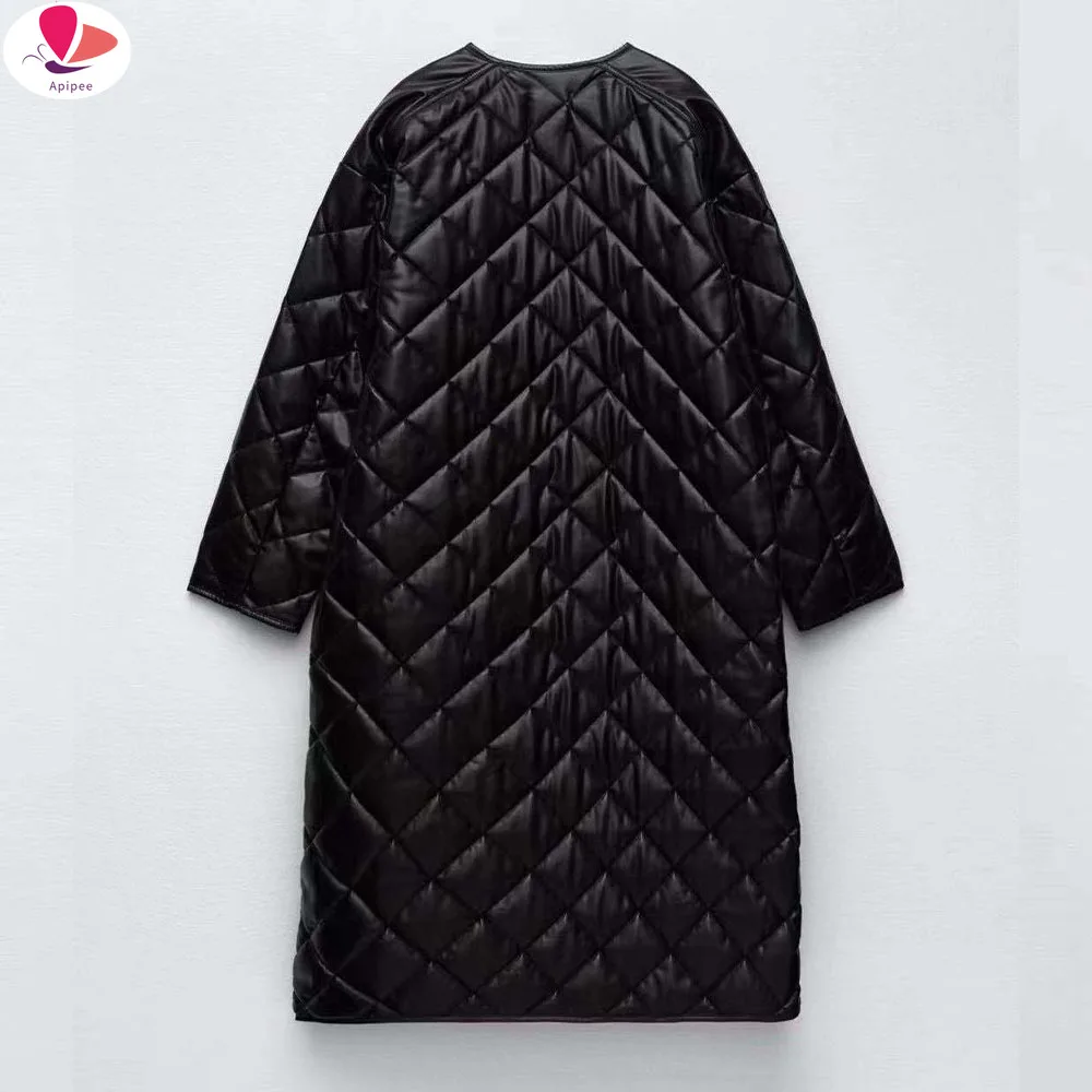 

APIPEE 2024 Winter Vintage Warm Black Leather Coat Female Casual Loose Streetwear Long Sleeve Parkas Midi Outwear Jacket
