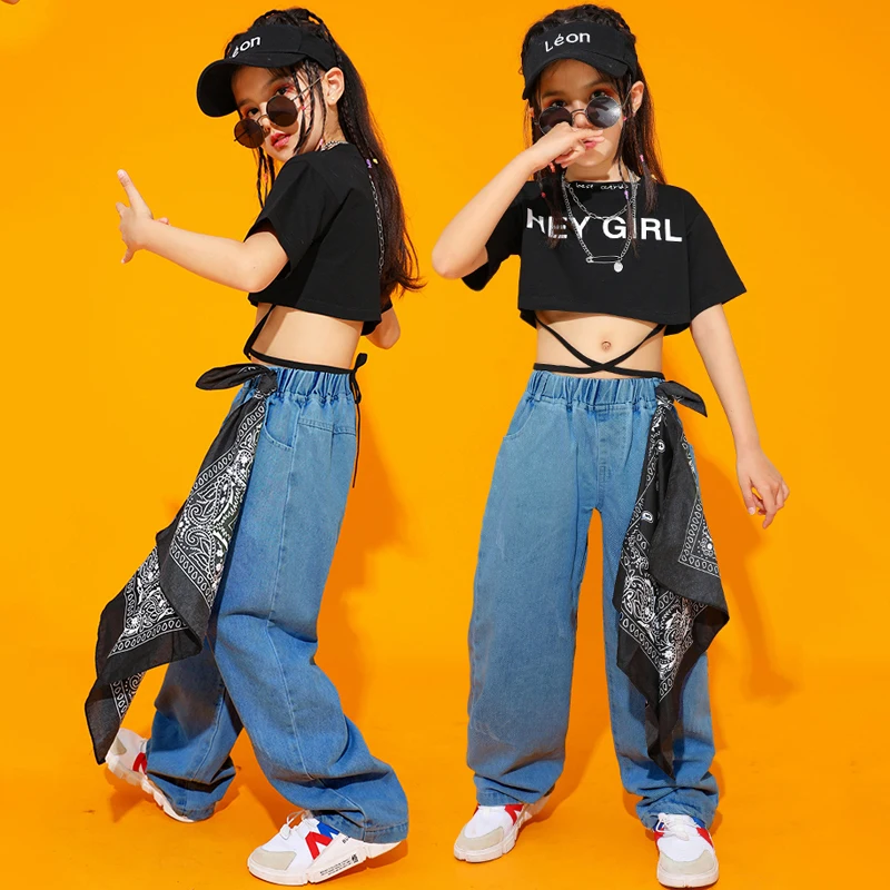 

2023 New Jazz Dance Costumes For Kids Black Short Sleeved Crop Tops Loose Pants Kpop Outfits Girls Hip Hop Dance Wear DQS12389
