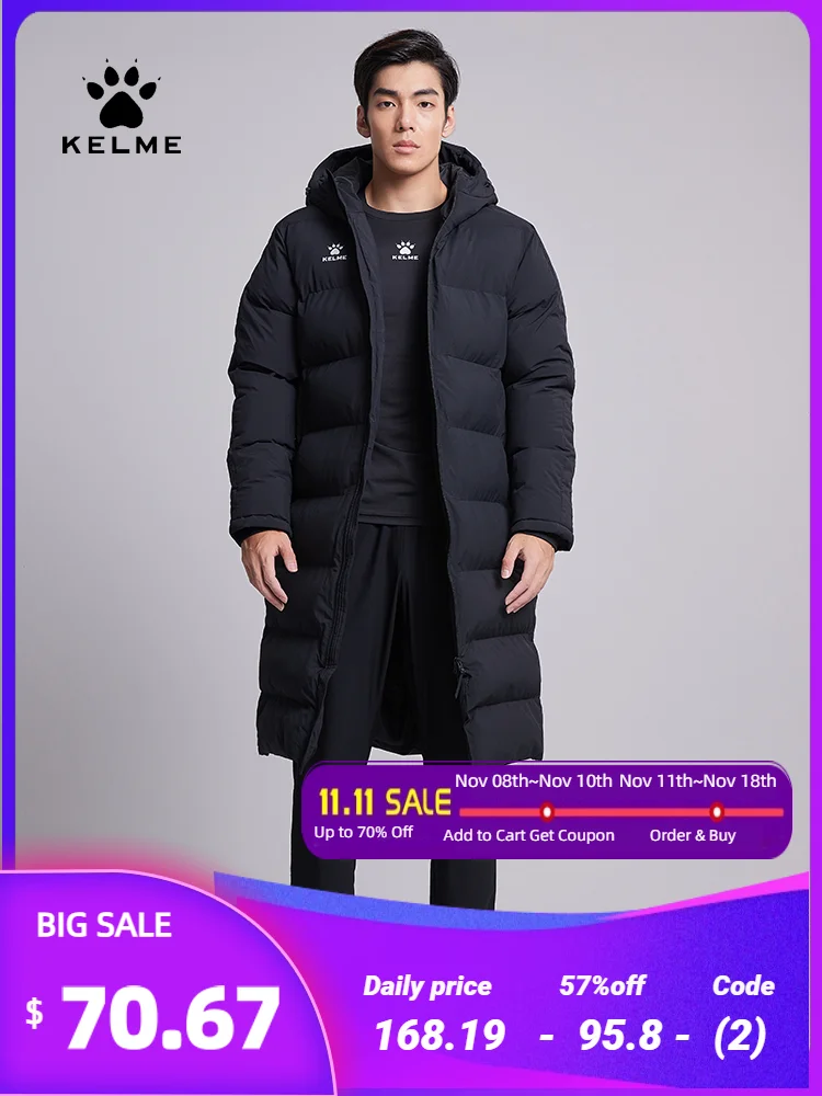 KELME Men Winter Jacket Long Solid Sports Training Coat Male Overcoat Outrwear Warm Cotton Padded Winter Coat Women 8261MF1014 sports jacket