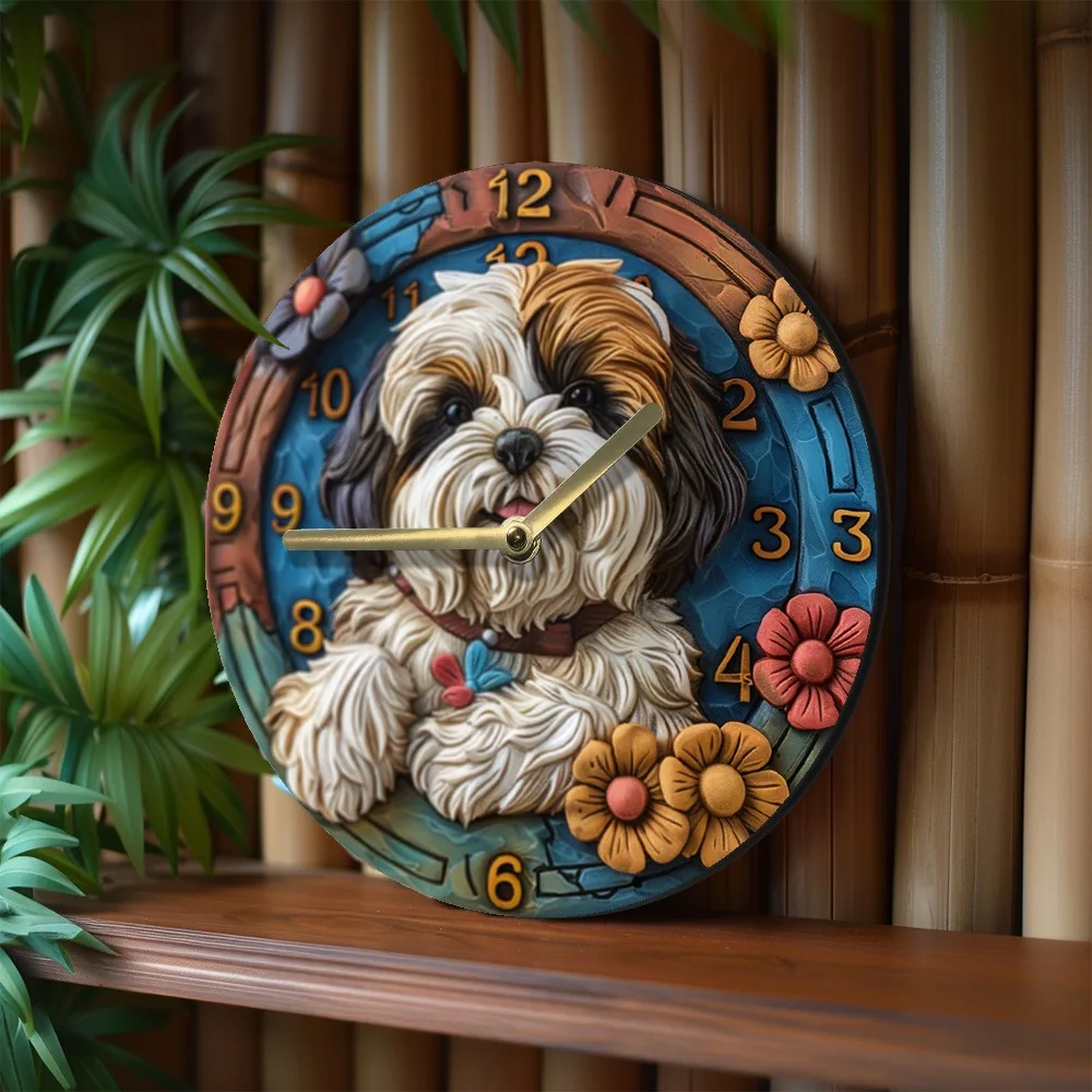 Wooden wall clock with a cute Shih Tzu design, perfect for home decor. Requires AA batteries 4
