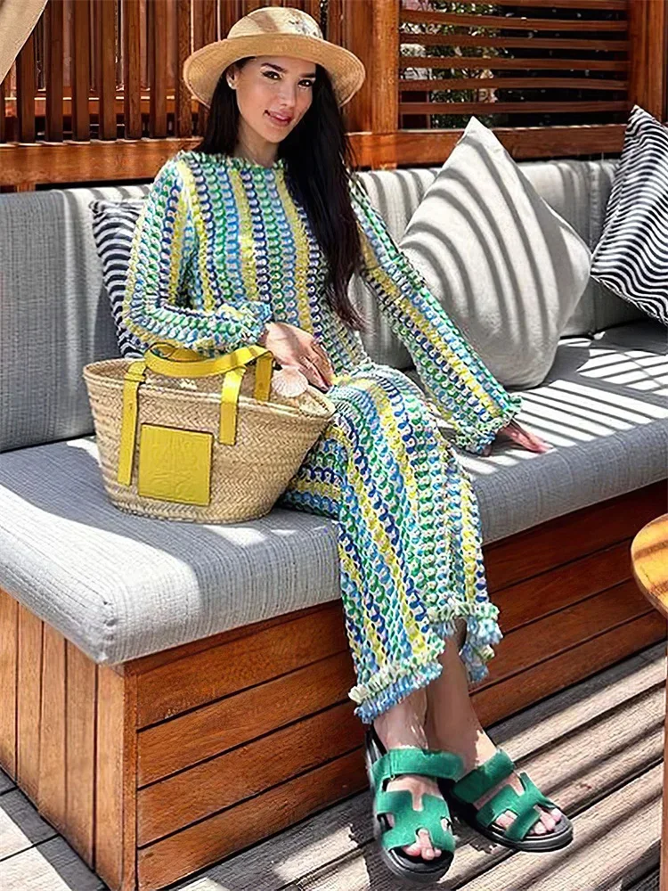 Lace Beach Holiday Long Dress Backless Female Hollow Out Patchwork Elegant Loose Contrast Party Dress Women Maxi Dress