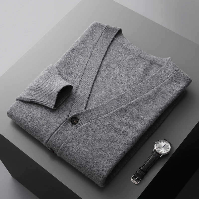 

100% merino wool men's cardigan cashmere sweater autumn and winter new knitted coat solid color long sleeve high quality coat