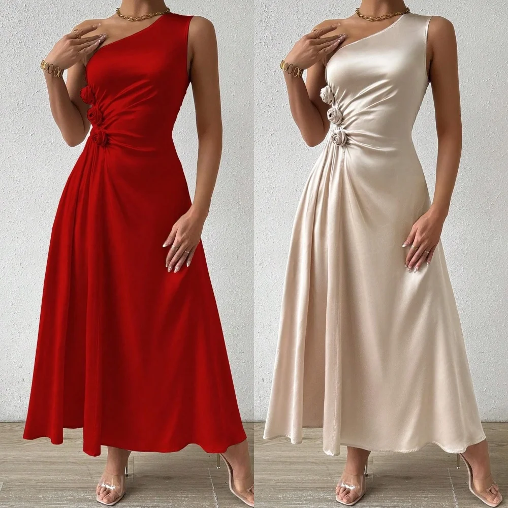 

Prom Dress Evening Saudi Arabia Jersey Flower Ruched Quinceanera A-line One-shoulder Bespoke Occasion Gown Midi Dresses