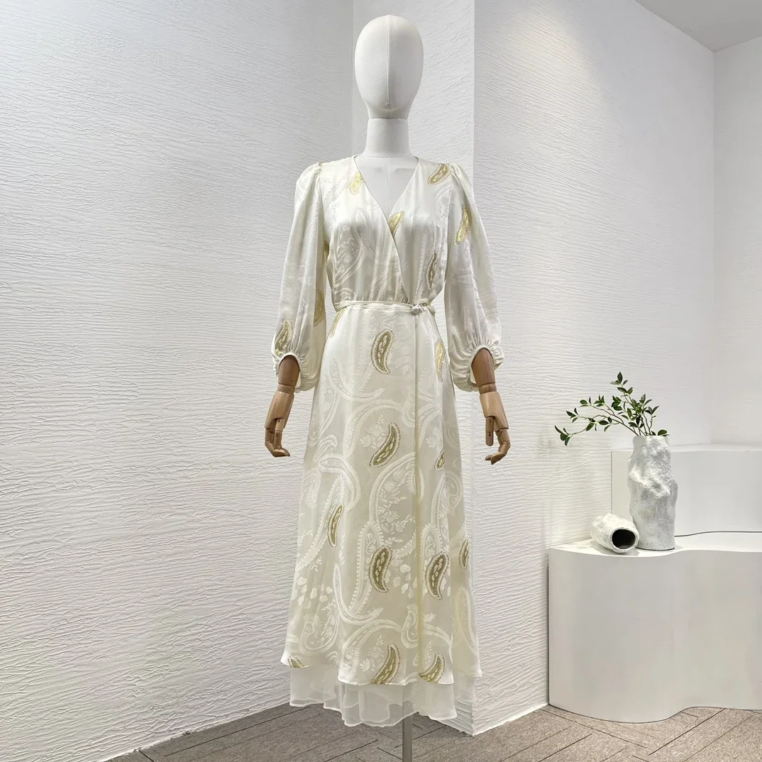 

Женское платье с запахом, бежевое элегантное платье миди с длинным рукавом и V-образным вырезом, с золотой вышивкой, весна 2024