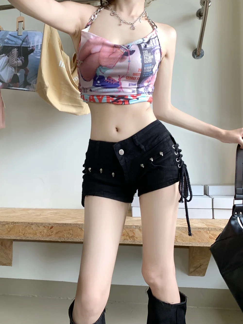 여성용 아메리칸 레트로 섹시 블랙 해골 미니 진 반바지, Y2k 여름 낮은 허리 마이크로 짧은 청바지, 붕대, 한국 패션