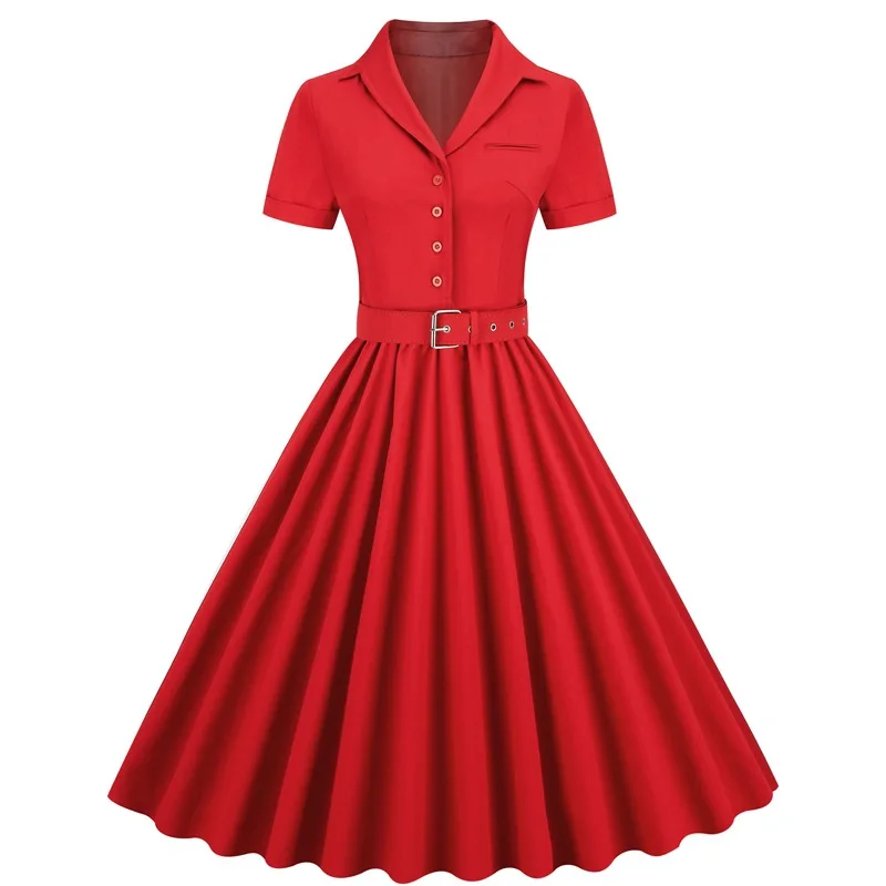 

Pink Solid Cotton Long Robe Button Up Plain Vintage Elegant Women Short Sleeve Belted Pleated Midi Swing Dresses