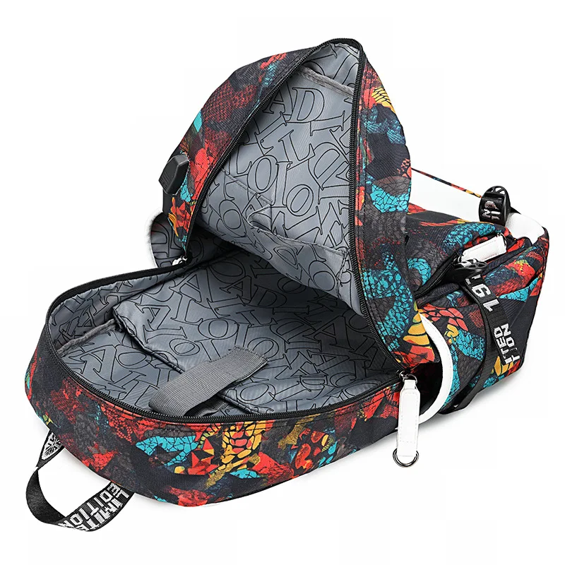 Large Geometric-Print School Backpack for Teen Boys Laptop Bookbag with USB Charging Port Kids Back Pack for Middle School Bags