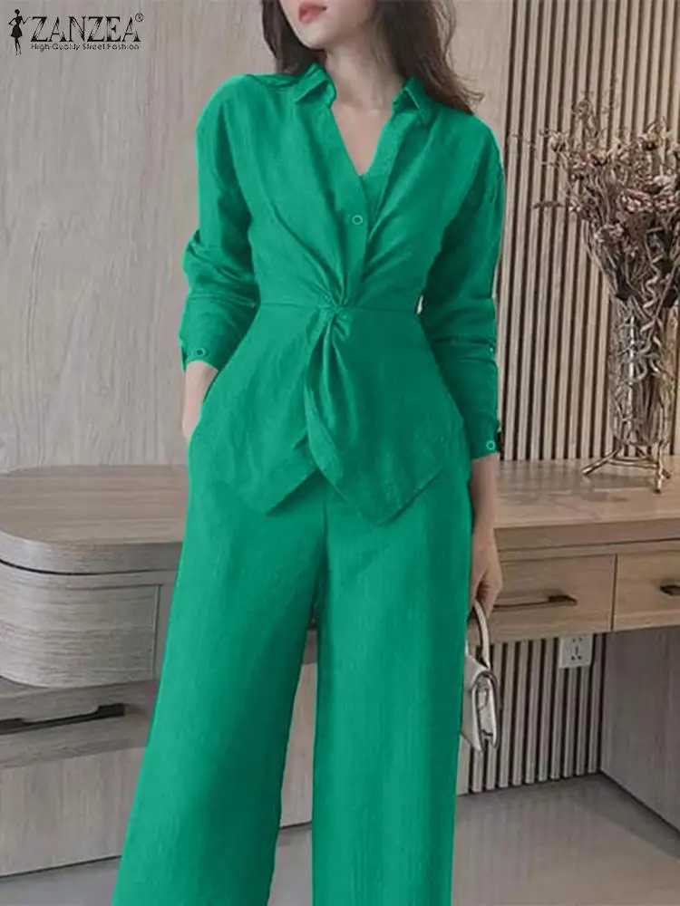 

Spring Women Long Sleeve Blouse OL Work Pant Sets ZANZEA ffice Work Suit Casaul Loose Wide Leg Trousers Suits 2PCS Matching Sets