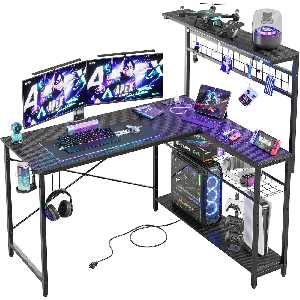 51" L-Shaped Gaming Desk with Power Outlets, LED Lights, 4 Shelves & Cup Holder for Home Office
