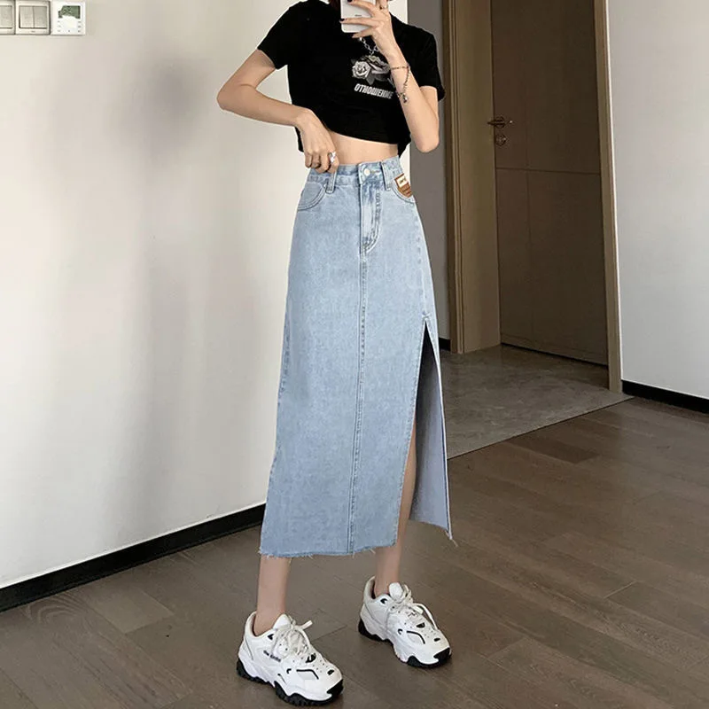 brown skirt Summer 2022 New Women's Long Denim Skirt Vintage High Wasit Jeans Skirt Female Straight Side Split A-line Pencil Skirts white skirt Skirts