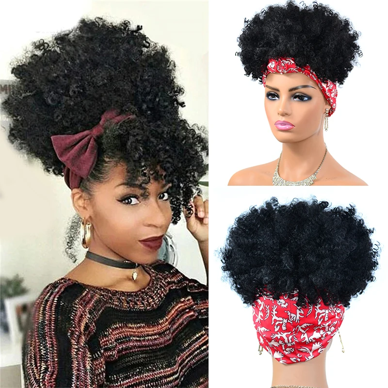 

Short Afro Kinky Curly Headband Wigs Synthetic Turban Wrap Hair Wig With Puff Bangs Drawstring Elastic Band Scarf Wig for Women